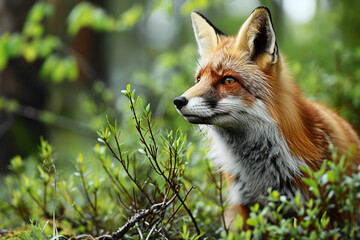 Fototapeta premium portrait of a red fox in the green spring forest on a blurred background