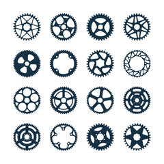 Set of bike sprockets icon in black silhouette. Gear mechanism elements collection. Vector illustration isolated on white background. - obrazy, fototapety, plakaty