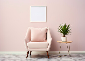 mockup picture frame on wall in minimalist light pink interior with armchair, small table and houseplant