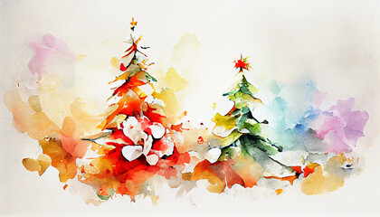 Watercolor christmas background, holiday season greeting card decoration design, winter landscape illustration with xmas trees for postacerds and invitations