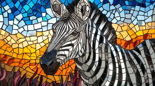Stained glass window background with colorful zebra abstract.