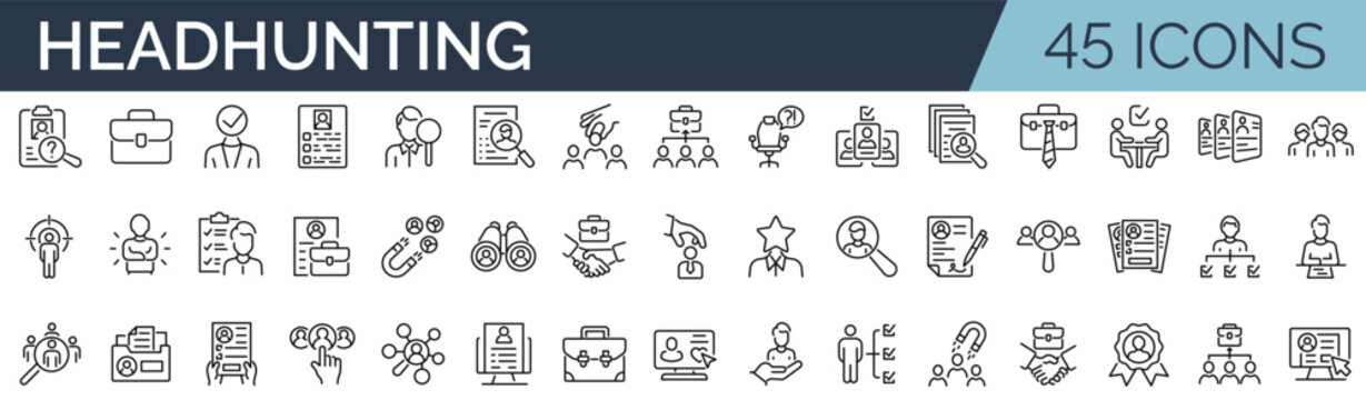 Set of 45 outline icons related to recruitment, employment. Linear icon collection. Editable stroke. Vector illustration