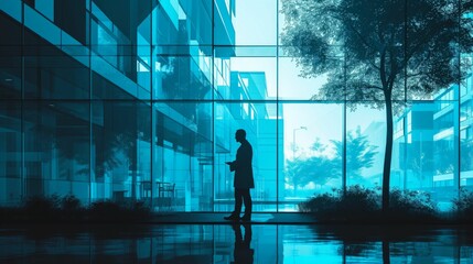 A composition where the silhouette of a doctor merges with the facade of a modern hospital, representing healthcare and dedication