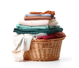 Large stack of clean clothes in basket isolated on white background.