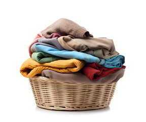 Large stack of clean clothes in basket isolated on white background.