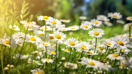 Daisies bloom in a sun drenched spring meadow.