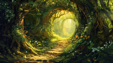 A mesmerizing scene of a sunlit tunnel formed by towering trees