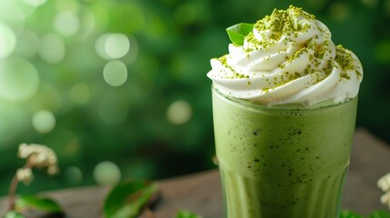 Homemade green tea frappe in plastic cup on blurred green window background with copy space, Matcha smoothie topped with whipped cream on graceful lifestyle background.