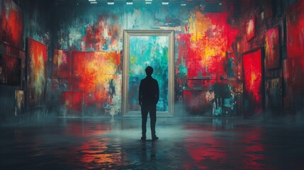 A creative piece merging the silhouette of an artist with an art gallery, filled with paintings and sculptures, embodying creativity - obrazy, fototapety, plakaty