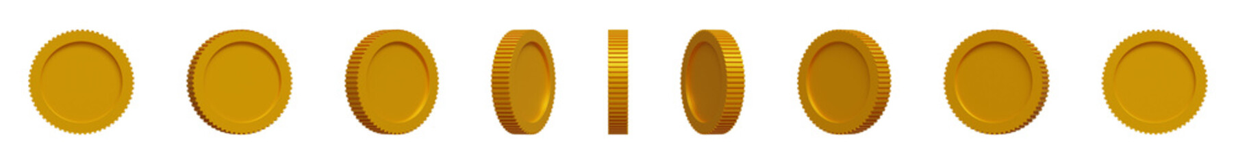 3D rotating gold coins. Money cash for gambling games, treasure, prize, finance or casino jackpot concept. Gold money set. Gold coins in different positions for animation. 3d illustration