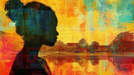 A digital artwork that integrates the silhouette of a teacher with a vibrant school campus, symbolizing education and knowledge
