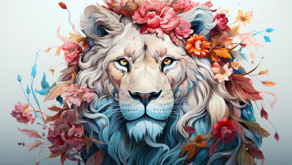 Illustration of lion head with creative colorful floral and splash elements on white background