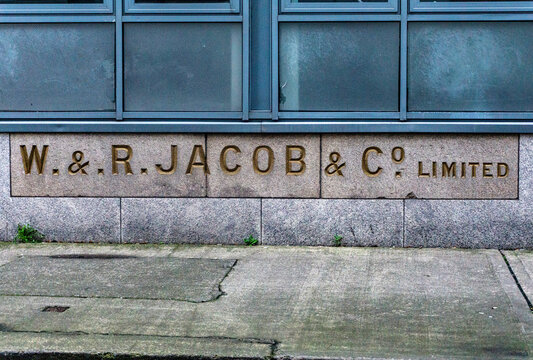 The old sign for W & R Jacob & Co. in Bishop Street, Dublin, Ireland. Jacobs manufactured biscuits here until the 1976.