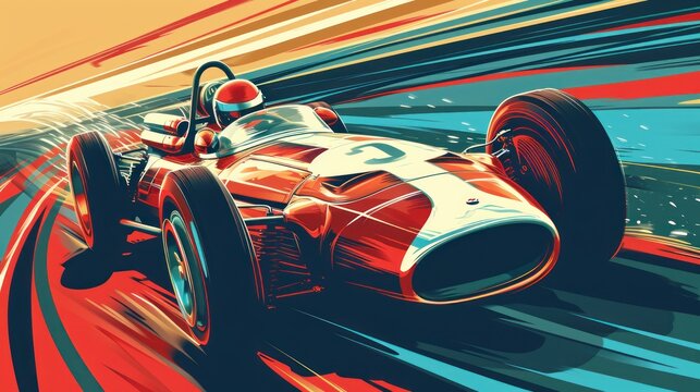  a painting of a racing car on a race track with motion blurs around the car and the driver in the driver's seat is in the front of the car.