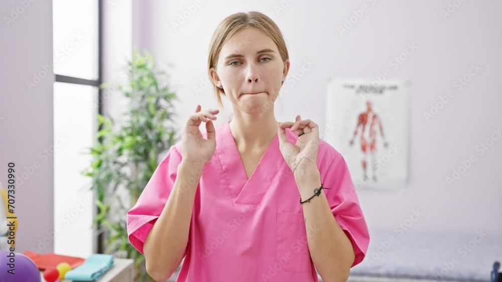 Sticker a caucasian woman in a pink scrubs portrays different gestures in a clinic.