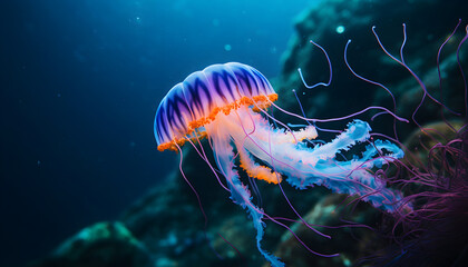 Naklejka premium Vibrant aquatic sea jelly with glowing tentacles in blue ocean water