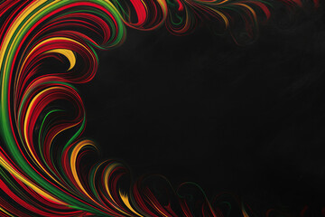 Black History Month color background with copy space for text. Red, yellow, green color swirling lines on black background - obrazy, fototapety, plakaty
