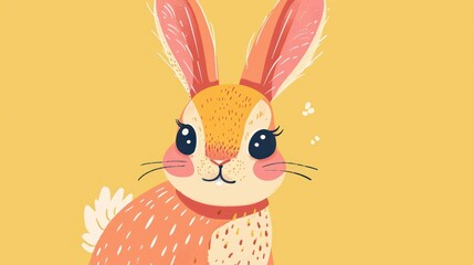  a drawing of a rabbit with a scarf around it's neck and a flower in front of it's ear, on a yellow background with a yellow background.