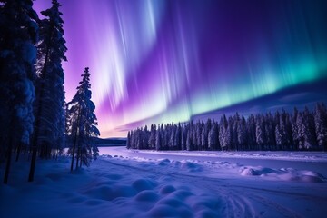 Majestic Display of Polar Lights Over Serene Snowy Landscape, Evoking Tranquility and Wonder