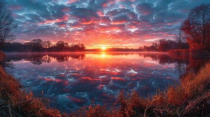 A breathtaking panoramic view of the sun rising over a tranquil lake, casting warm hues across the water. [Lake sunrise panorama]