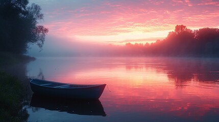 A lone boat drifting on a calm river as the first light of dawn paints the sky with gentle shades of pink and orange. [River dawn solitude]