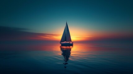The silhouette of a lone sailboat on a calm sea, with the first light of dawn illuminating the horizon. [Sailboat silhouette at dawn]