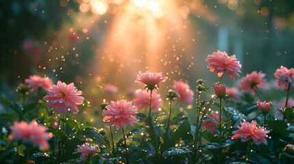 A serene garden with dew-covered flowers, capturing the beauty of nature awakening at the break of dawn. [Dewy garden blossoms at dawn] - obrazy, fototapety, plakaty