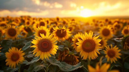 Obraz premium A field of sunflowers turning to face the rising sun, creating a vibrant and dynamic scene at the dawn of a new day. [Sunflowers in the dawn light]