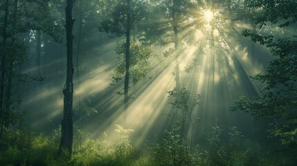 A foggy morning in the forest, with rays of dawn sunlight piercing through the mist, creating an ethereal atmosphere. [Misty forest dawn]