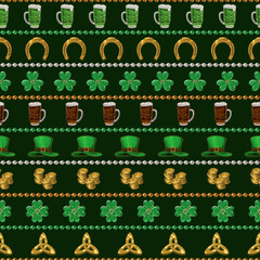 St Patricks Day seamless pattern with holiday objects and symbols, strings of beads. Geometric pattern with horizontal stripes on black background. Vintage illustration for prints, clothing, wrap