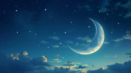 Obraz na płótnie Canvas Ramadan background featuring a crescent moon and stars against a midnight blue sky