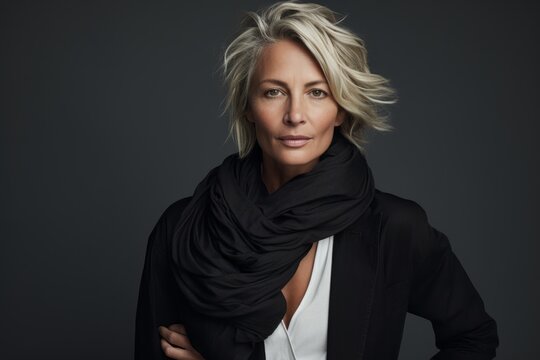 Portrait Of A Beautiful Middle Aged Woman Wearing A Black Scarf.