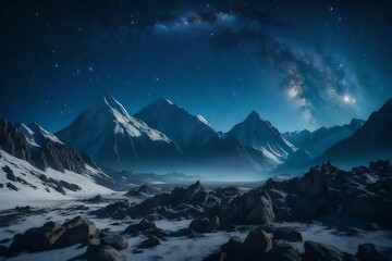 A moonlit mountain landscape with a backdrop of twinkling stars, emanating a tranquil and otherworldly ambiance.