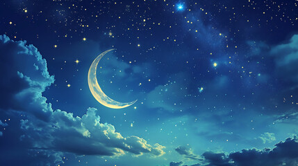 Naklejka na ściany i meble Ramadan background featuring a crescent moon and stars against a midnight blue sky
