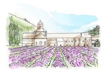 Senanque Abbey and blooming rows of lavender flowers. Gordes, Luberon, Vaucluse, Provence, France, Europe, vector illustration - obrazy, fototapety, plakaty