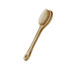 Wooden body brush watercolor illustration. Spa and bathroom accessory. Hand drawn painting for sauna and wellness center. Clipart for fashion, beauty, cosmetics prints. Eco friendly product.