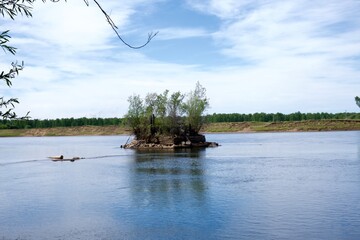 Landscape of a small island in the middle of the river in Tulun, Siberia