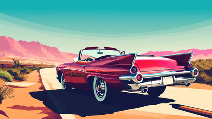  a painting of a red convertible car driving down a desert road with a cactus and mountains in the background in the background is a blue sky with a few clouds.
