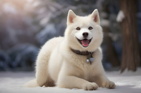 Perro hasky blanco en un bosque nevado con la lengua