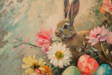 Impressionist Easter print with Easter bunny flowers and eggs close up in muted colors, midcentury modern