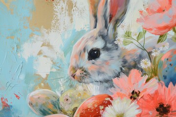 Impressionist Easter print with Easter bunny flowers and eggs close up in muted colors, midcentury modern