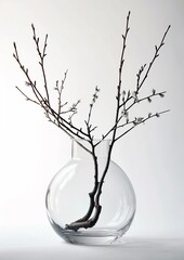 Branch flowers in a glass vase on white table. Decor for interior. Stylish decoration for home.