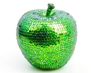 3d tender green color shiny sequin apple. Kids trendy graphic. isolated on white.