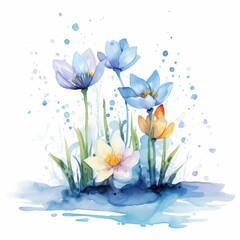 Aquarell Illustration Frühlingsblüten mit Krokus und Tulpe