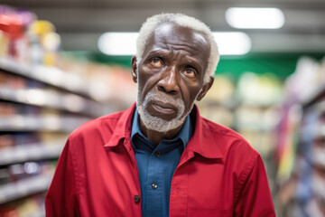 Fototapeta premium Elderly black man with thoughtful expression in grocery store aisle.