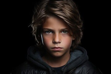 Portrait of a boy in a black jacket on a black background - obrazy, fototapety, plakaty