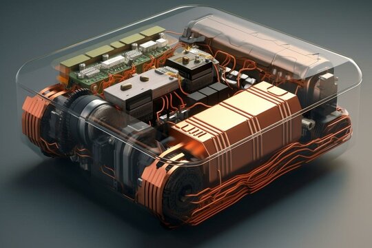 Cutaway View Of A Component System For Reusing Electric Vehicle Batteries, Illustrating The Concept Of Recycling EV Batteries. Generative AI