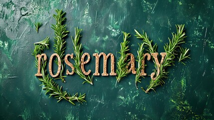 The word "rosemary" is spelled out using stems of fresh rosemary on a dark green textured background. - Powered by Adobe