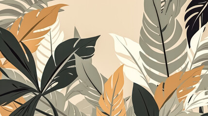 Watercolor exotic leaves on a soothing beige background