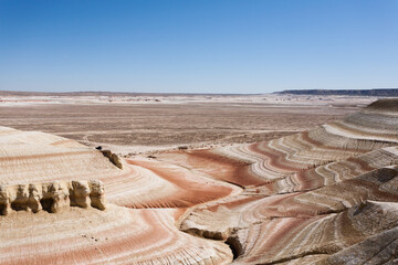 Kyzylkup plateau landscape, Mangystau desert. Rock strata formations